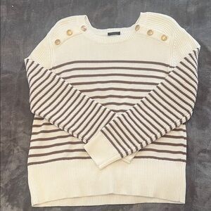 Ann Taylor Factory Cream and Brown Striped Crewneck Sweater